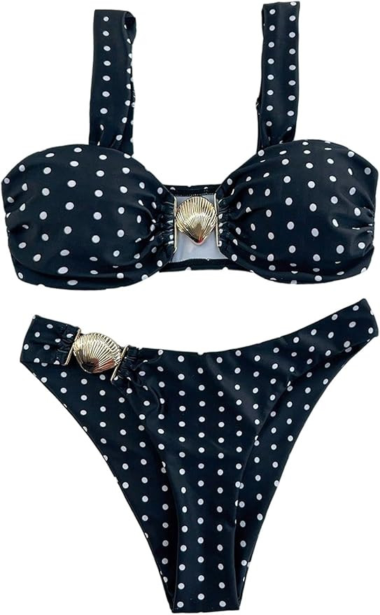 WDIRARA Women's Polka Dots 2 Piece Swimsuit High Cut Bikini Set Metal Shell Bathing Suit | Amazon (US)