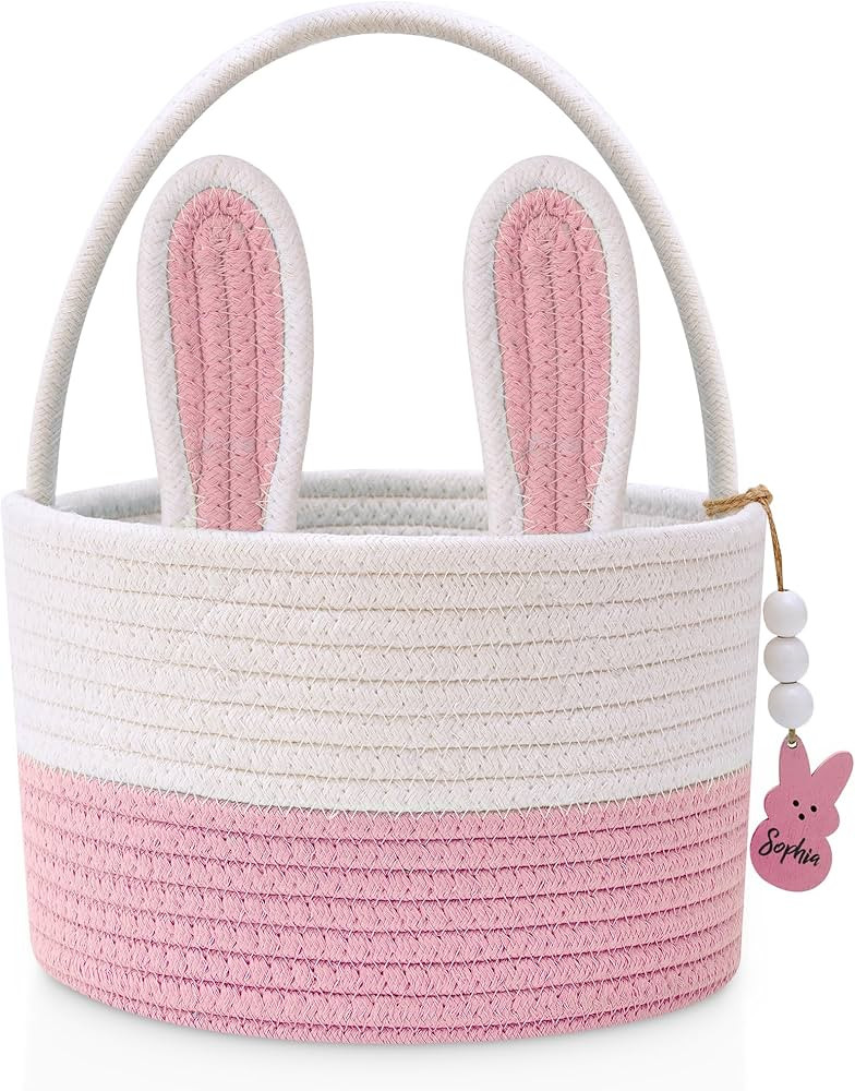 Easter Baskets for Kids, Pink Large Woven Rope Bunny Personalized Easter Basket Empty with Handle... | Amazon (US)