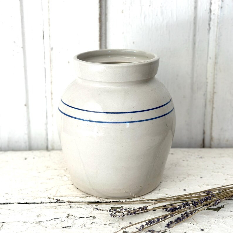 Vintage Blue Striped Stoneware Crock Blue and Cream White Modern Farmhouse - Etsy | Etsy (US)