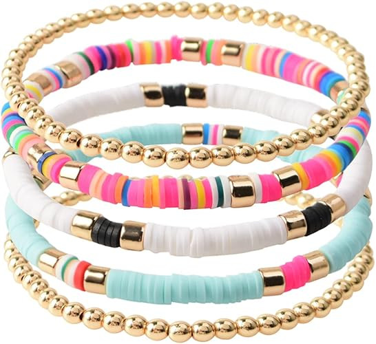 GOOJIDS Surfer Heishi Clay Bead Bracelets for Women Bohemian Stackable Gold Beaded Stretch Bracel... | Amazon (US)