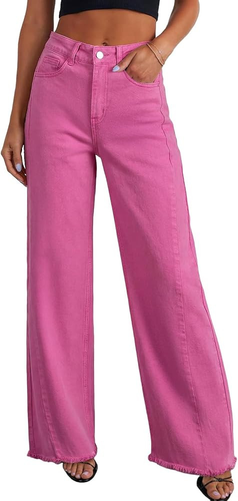Sidefeel Women's Wide Leg Jeans High Waisted Stretchy Raw Hem Zimbaplatinum Denim Pants | Amazon (US)