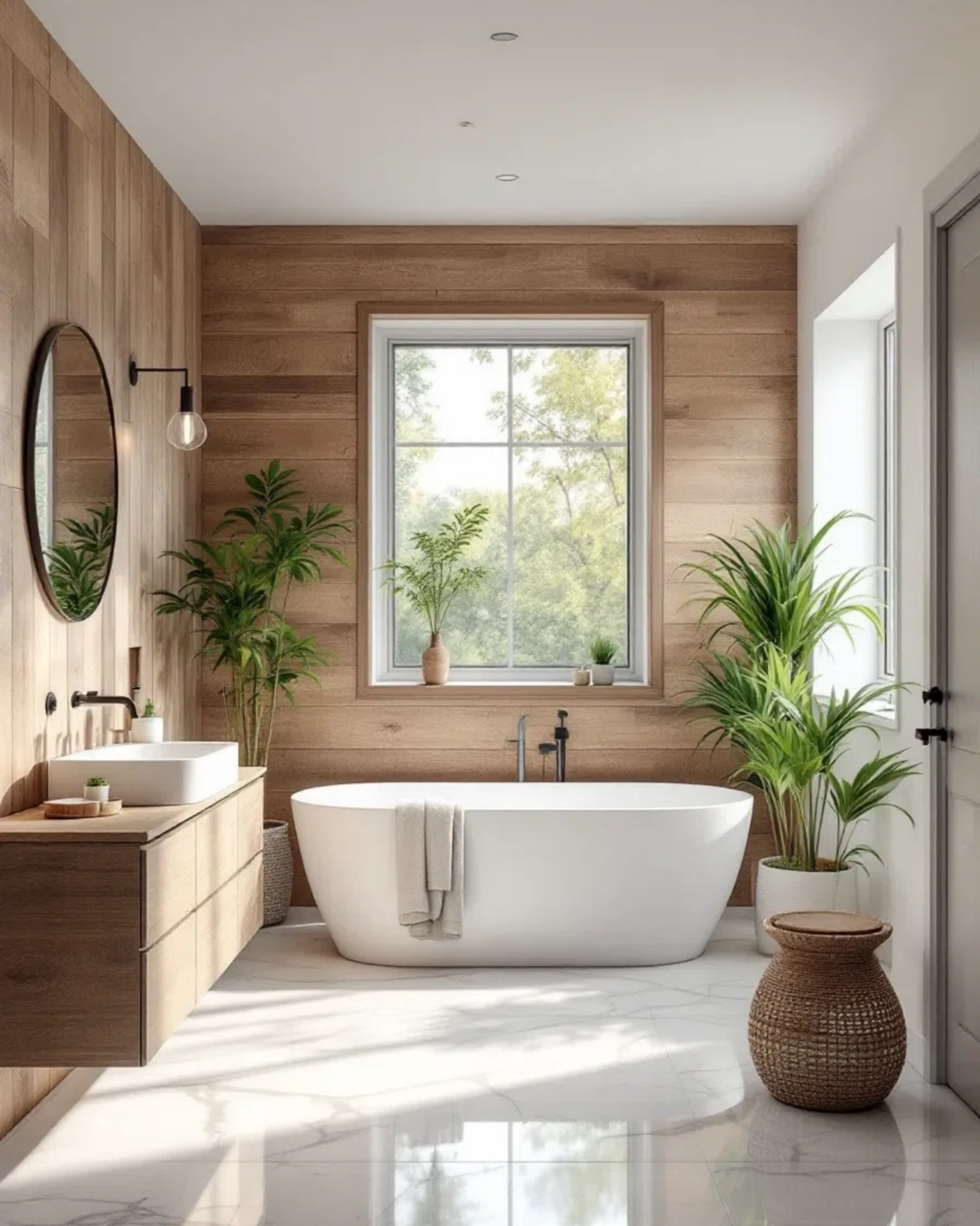 The warm wood, the clean tub, all the light, nothing feels overdone. It’s calm, easy, and the kind of space you actually want to slow down in.

modern bathroom, wood bathroom, freestanding tub, neutral bathroom decor, warm neutral home, spa bathroom, modern organic style, bathroom inspiration, LTK home finds

#LTKSaleAlert #LTKHome