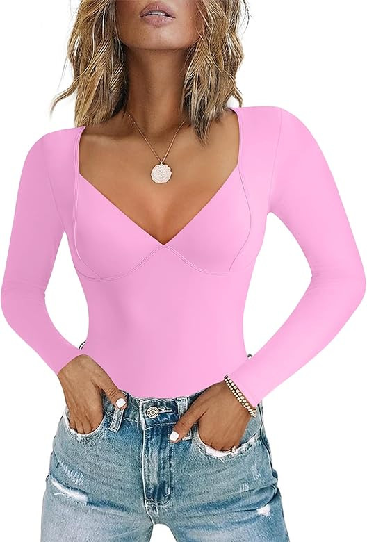 Chunpin Bodysuits for Women Long Sleeve V Neck Bodysuit Women's Going Out Tops Thong Body Suits | Amazon (US)