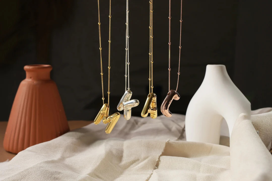 14K Gold Balloon Initial Necklace in Satellite Chain, Bubble Letter Pendant, Delicate Beaded Neck... | Etsy (US)