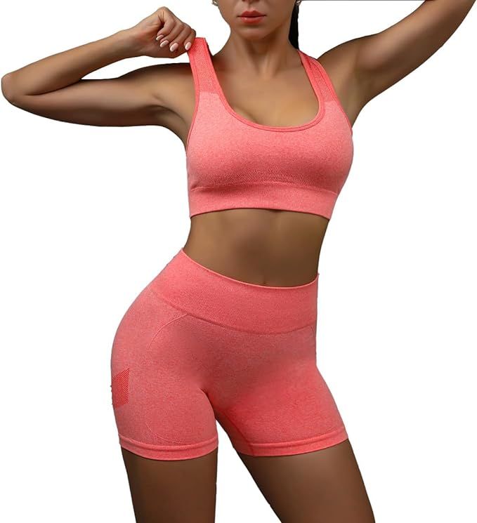 Workout Outfits for Women 2 Piece Ribbed Seamless Crop Tank High Waist Yoga Outfit | Amazon (US)