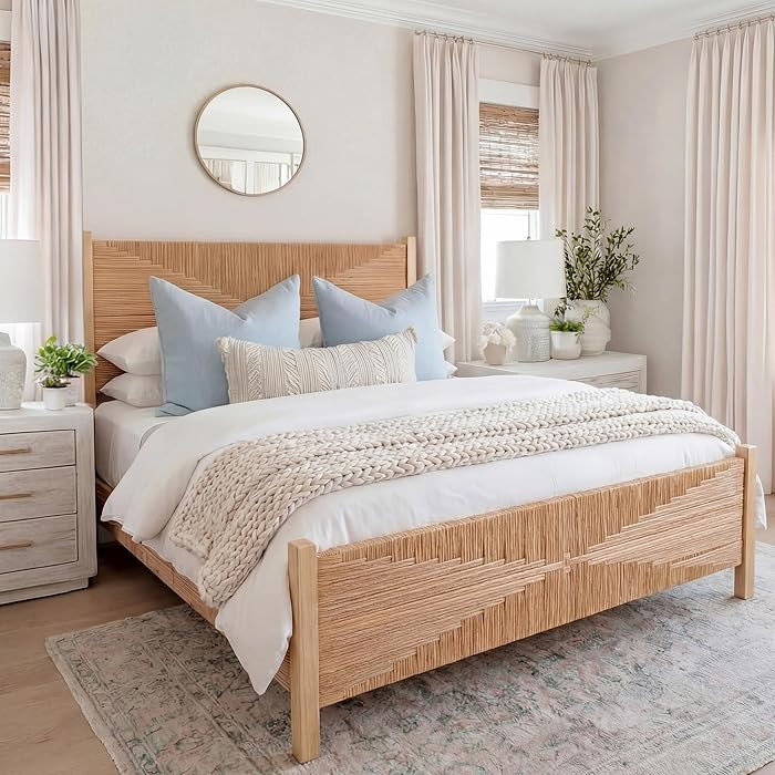 Yechen Solid Wood Rattan Queen Bed Frame with Tall Headboard and Footboard, Mid Century Modern Ha... | Amazon (US)