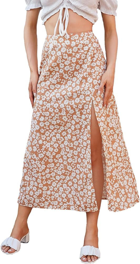 Floerns Women's Boho Floral High Waist Split A Line Midi Skirt | Amazon (US)