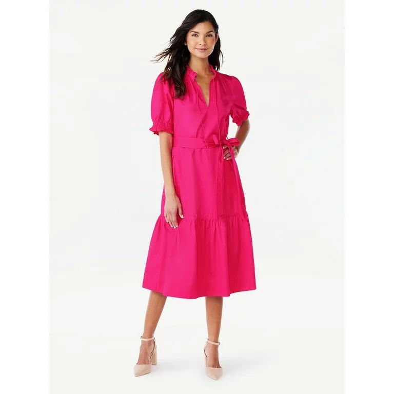 Free Assembly Women's Ruffle Neck Belted Midi Dress with Short Sleeves, Size XS-XXL | Walmart (US)