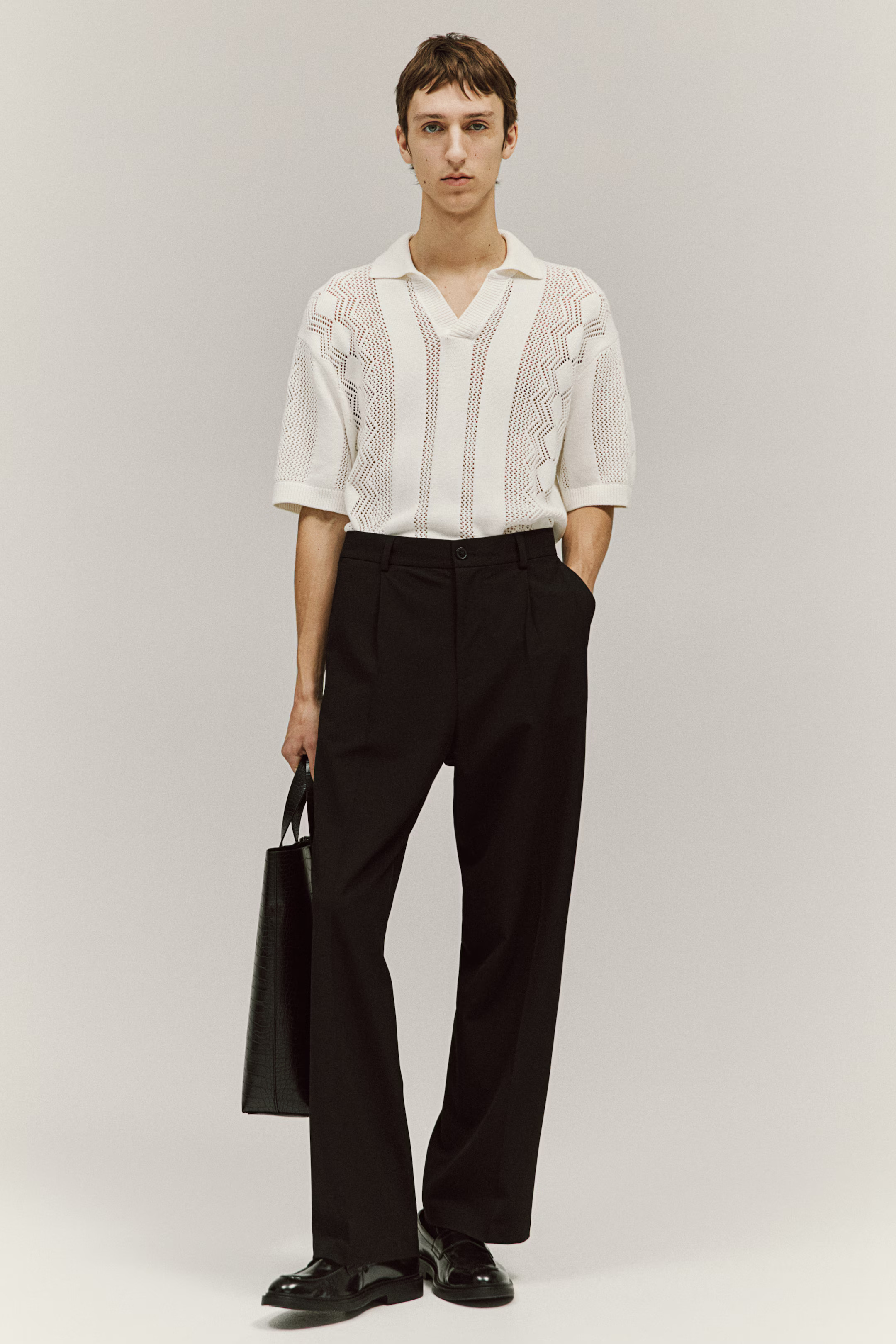 Loose Fit Pointelle-knit Polo Shirt - Short sleeve - Regular length - Cream - Men | H&M US | H&M (US + CA)