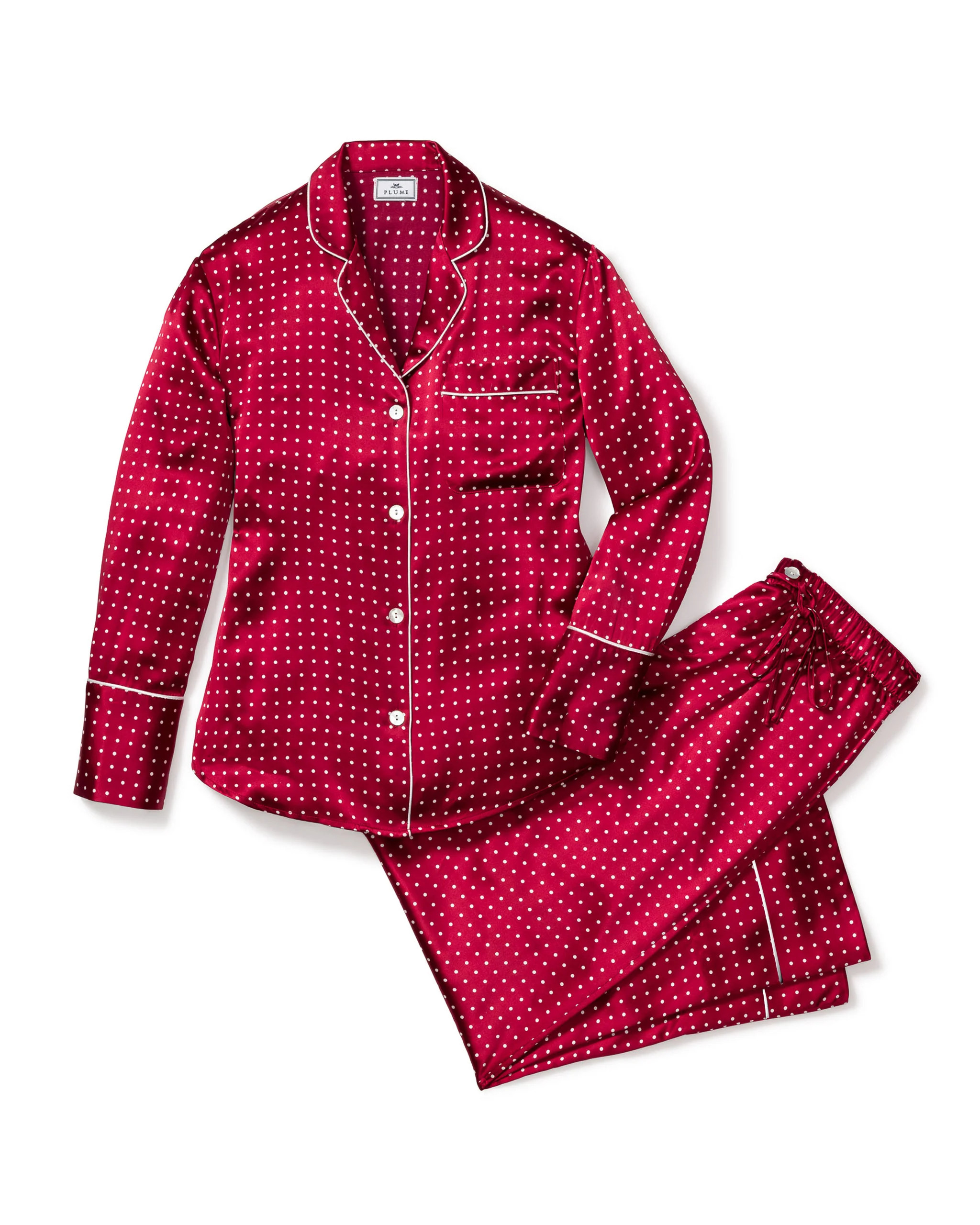 Women's Silk Pajama Set in Bordeaux Polka Dot | Petite Plume
