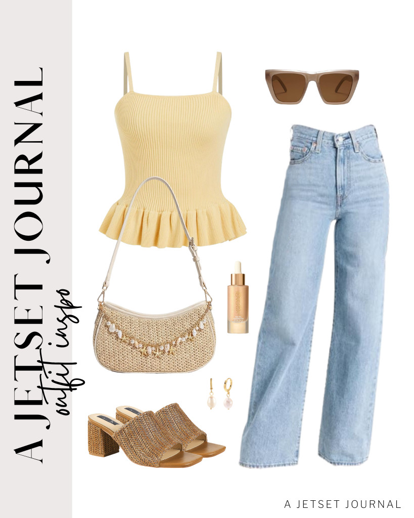 This yellow peplum top from CIDER goes well with these ribcage wide-leg jeans. To complement this fit, you can wear these Ancomafio heeled sandals and accent the look with a Raffia purse that looks cute with this charm chain. Apply this Kopari sunscreen before heading out. 

#LTKSeasonal #LTKSaleAlert #LTKTravel
 

 
