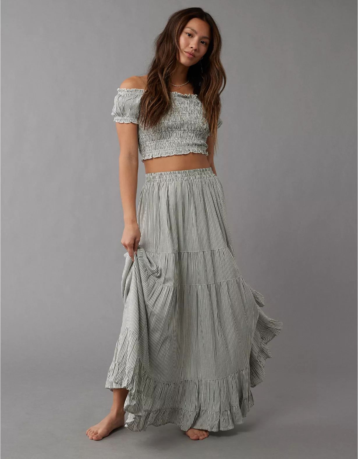 AE High-Waisted Striped Tiered Maxi Skirt | American Eagle Outfitters (US & CA)