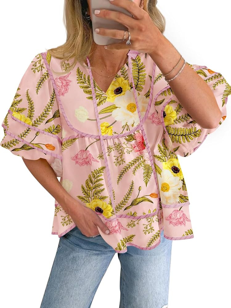 Cicy Bell Womens Summer Floral Babydoll Tops V Neck Short Lantern Sleeve Shirts Cute Loose Fit Fl... | Amazon (US)