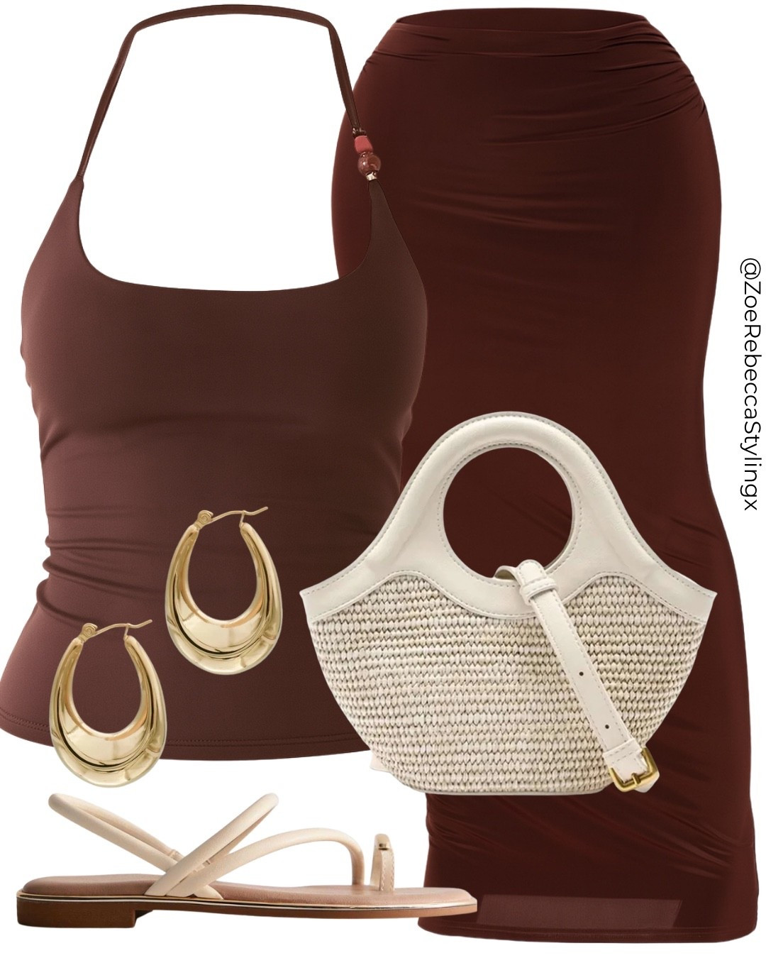 Chocolate brown is having a major moment this summer and this outfit formula such a relaxed way to wear it. A tank paired with a fitted midi skirt, strappy flat sandals, gold hoops and a woven bag.. this is effortless summer dressing done right.

#summeroutfits #summerclothes

#LTKuk #LTKsummer #LTKeurope