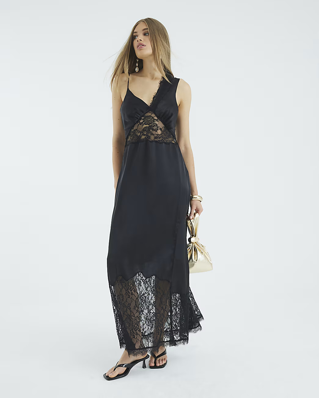 Black Premium Lace Satin Maxi Slip Dress | River Island UK & IE