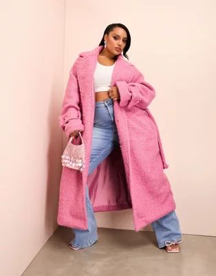 ASOS LUXE Curve borg long line trench coat with belted waist in pink | ASOS | ASOS (Global)