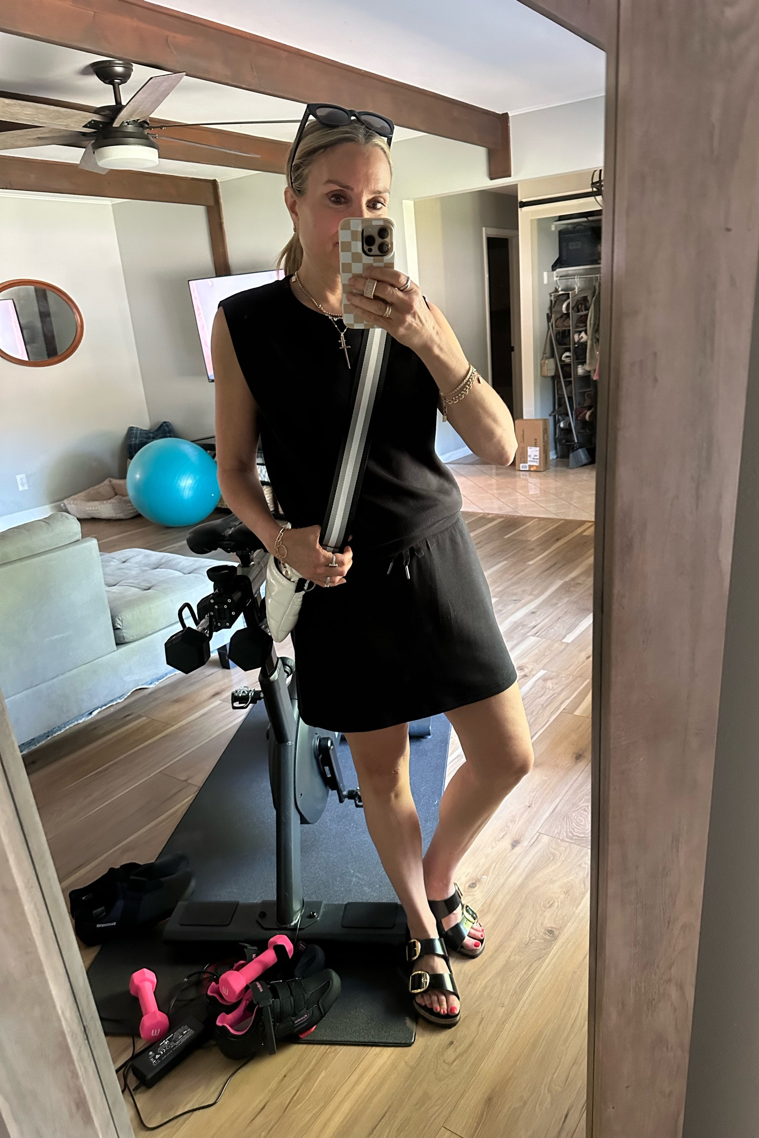 Weekend outfit! Spanx air essentials skort and muscle tank. Big buckle Birkenstock sandals and crossbody bag. Use code a LSWXSPANX, wearing xs  Summer outfit, travel outfit, vacation outfit 

#LTKTravel #LTKOver40 #LTKStyleTip