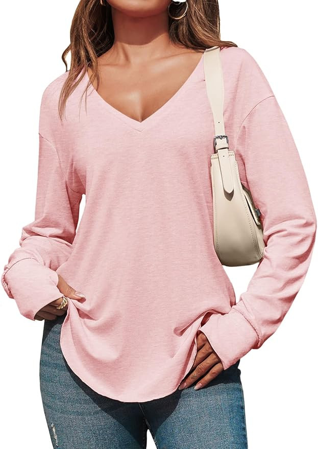 Tankaneo Womens Deep V Neck Tunic Tops Long Sleeve Oversized Casual Loose Fit Curved Hem T Shirts | Amazon (US)