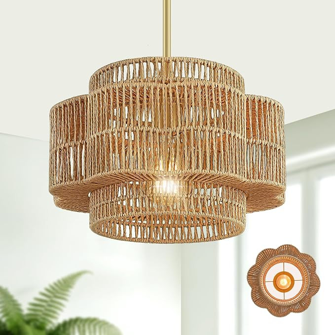 13" Boho Rattan Chandelier - 1-Light Petal-Shaped Pendant Light, Hand Woven Rattan Hanging Light ... | Amazon (US)