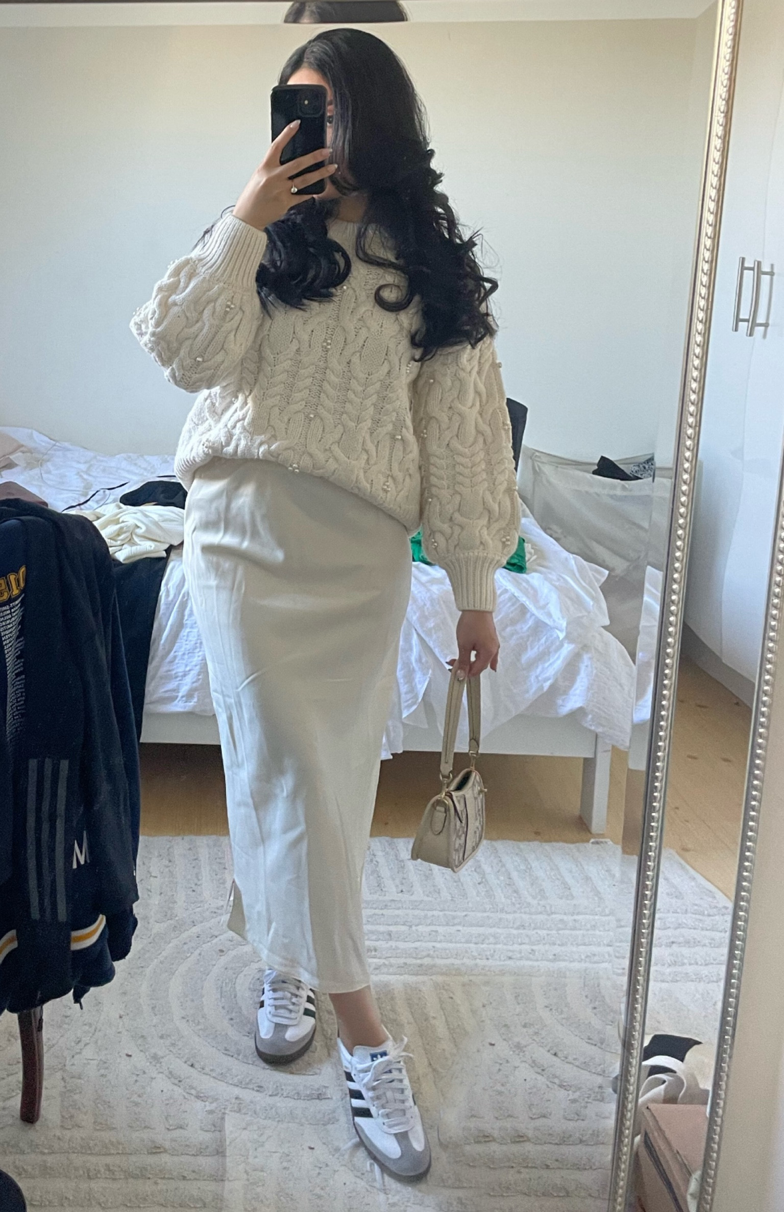 All white/off white ensemble - satin midi/maxi skirt with oversized cable knit jumper 

#LTKaustralia #LTKstyletip #LTKfindsunder50