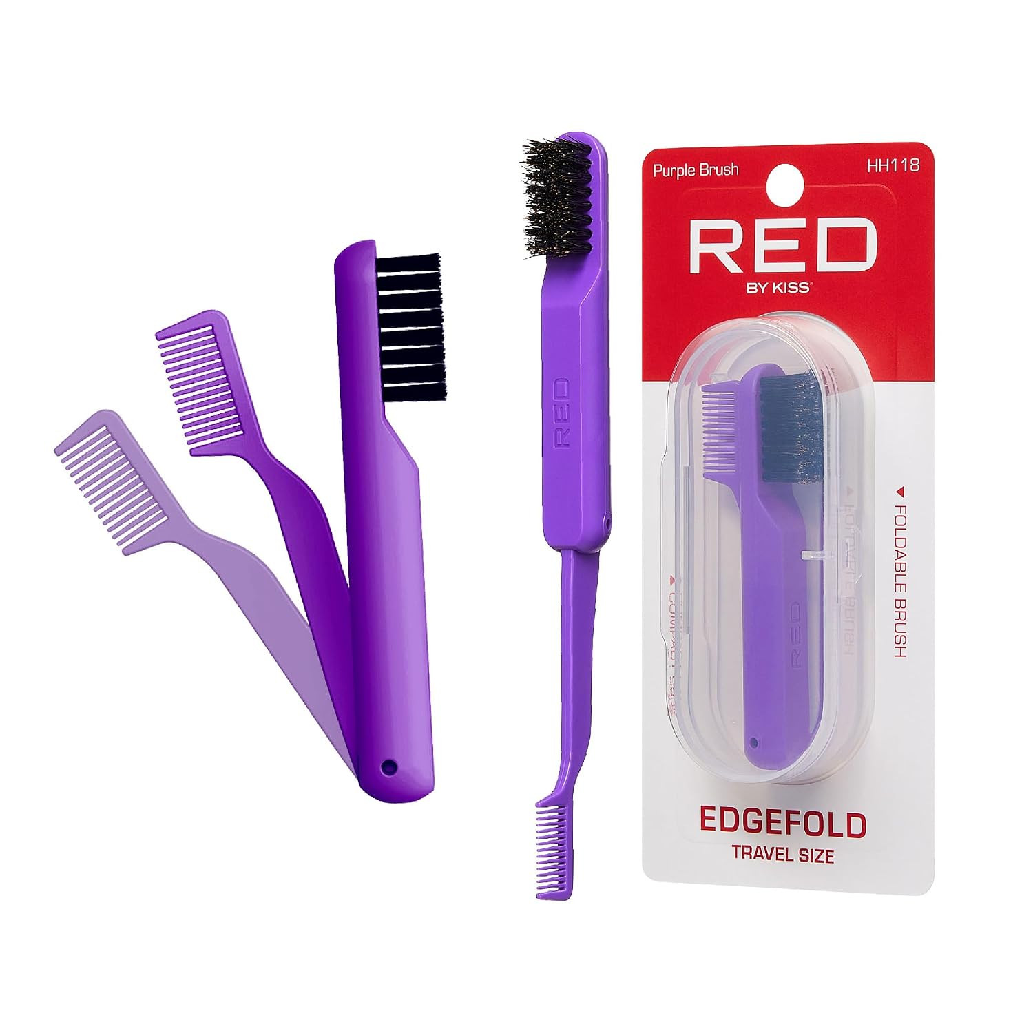 Red by Kiss 2-in-1 Foldable Comb & Edge Brush with Travel Case, Compact Palm-Sized Design, 100% Soft Boar Bristles for Smooth Hair & Edge Control, Portable Hair Styling Tool (Purple) | Amazon (US)