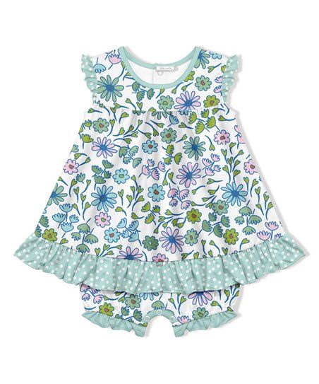 White & Blue Beach Floral Angel-Sleeve Skirted Bubble Bodysuit - Infant & Toddler | Zulily
