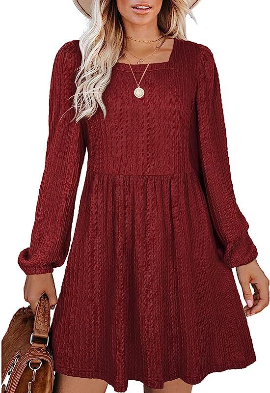 WEESO Womens Knit Dress Square Neck Long Sleeve Tunic Dresses | Amazon (US)