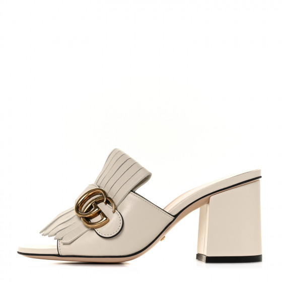 GUCCI Malaga Kid GG Marmont Fringe Mid Heel Slide Sandals 35 Mystic White | Fashionphile