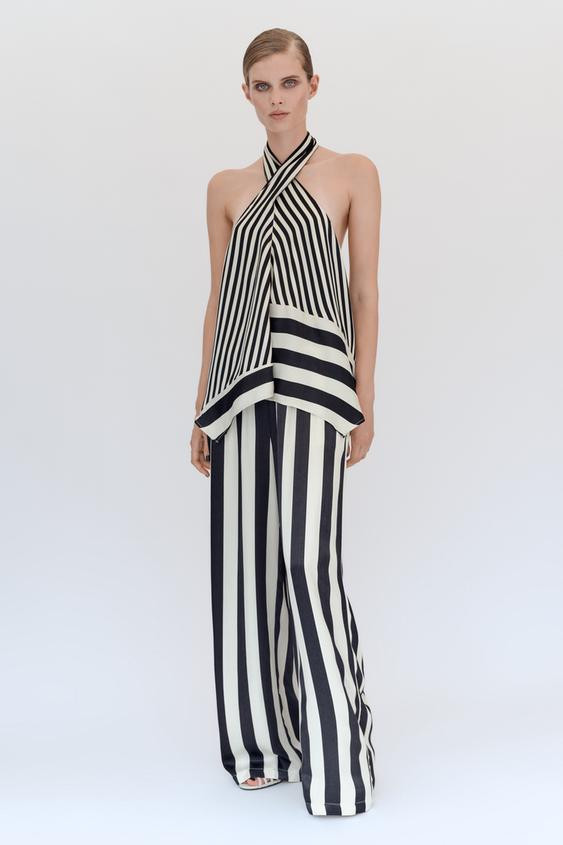 Zara - Striped Wide Leg Pants - Black / White - Xs - Woman | Zara US