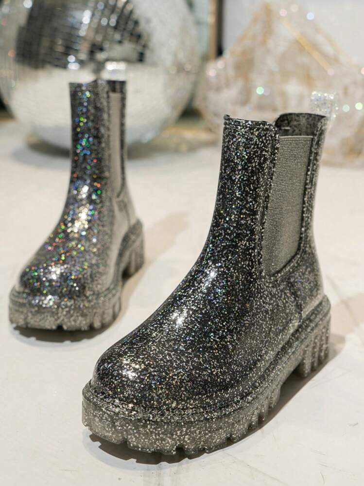 1pair Girl's Silver Waterproof & Non-Slip Rain Boots With Thick Pvc Sole, Shiny & British Style, Wear-Resistant | SHEIN