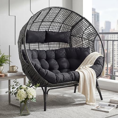 RADIATA Double Egg Chair Indoor Outdoor, 2 Person Extra Large Egg Shaped Lounge Chair with Headrests & Cushion, Stationary Wicker Loveseat Seating for Patio Garden Porch Deck Living Room, Gray | Amazon (US)