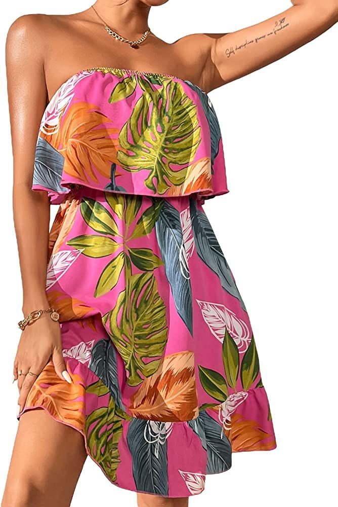 WDIRARA Women's Tropical Print High Rise A-line Ruffle Tube Dress Boho Mini Dress | Amazon (US)