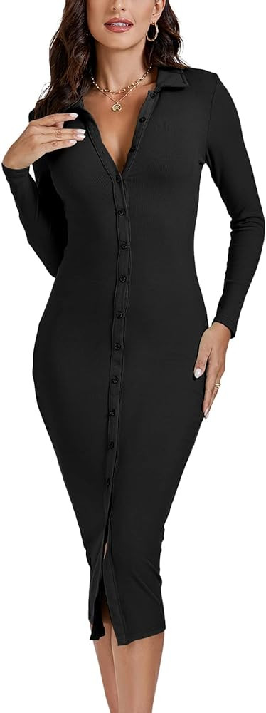 LYANER Women's Casual Ribbed Knit Button Down Collar V Neck Long Sleeve Bodycon Midi Dress | Amazon (US)