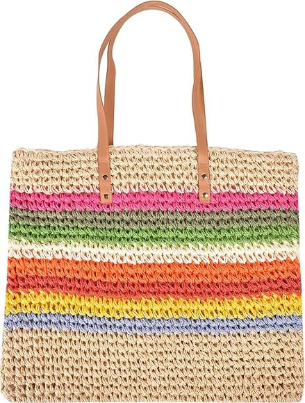 QZUnique Straw Rainbow Handbags Women’s Cotton Crochet Hand-Woven Tote Bag Top Handle Casual Sh... | Amazon (US)