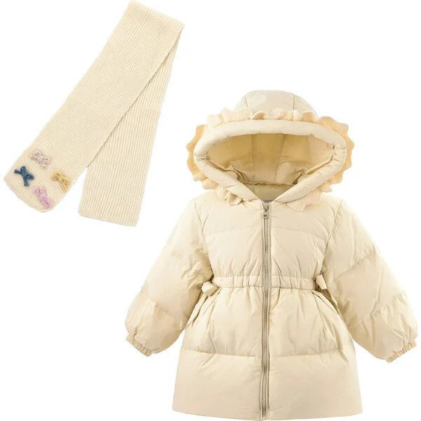 Ruffle-Hood Coat with Matching Scarf, Beige | Maisonette