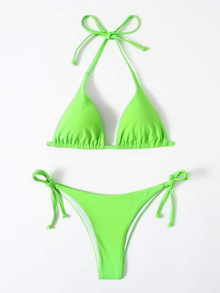 Neon Green Triangle Tie Side Bikini Swimsuit | SHEIN
