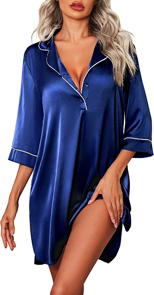 Ekouaer Womens Satin Button Down Nightgown 3/4 Sleeve Nightshirt V Neck Boyfriend Sleepshirt Silk... | Amazon (US)