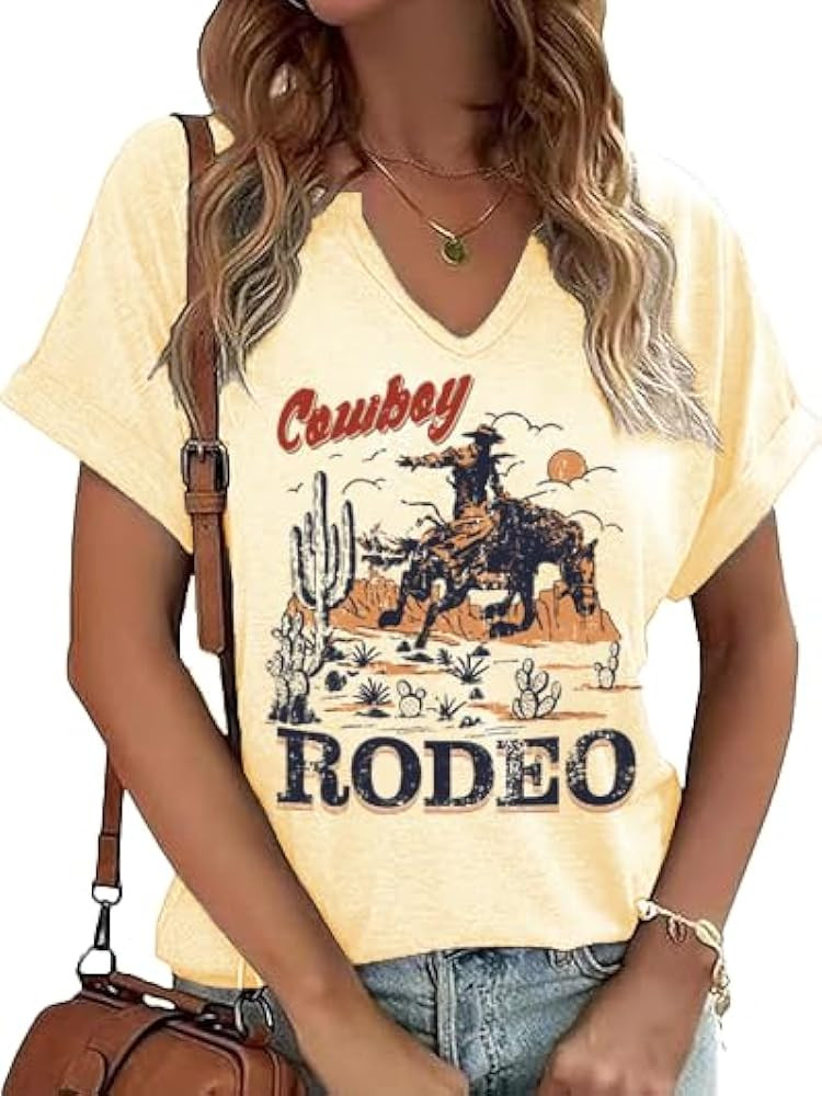 Cowgirl Western Rodeo V-Neck Shirts for Women Vintage Nashville Graphic Tee Tops Summer Country C... | Amazon (US)