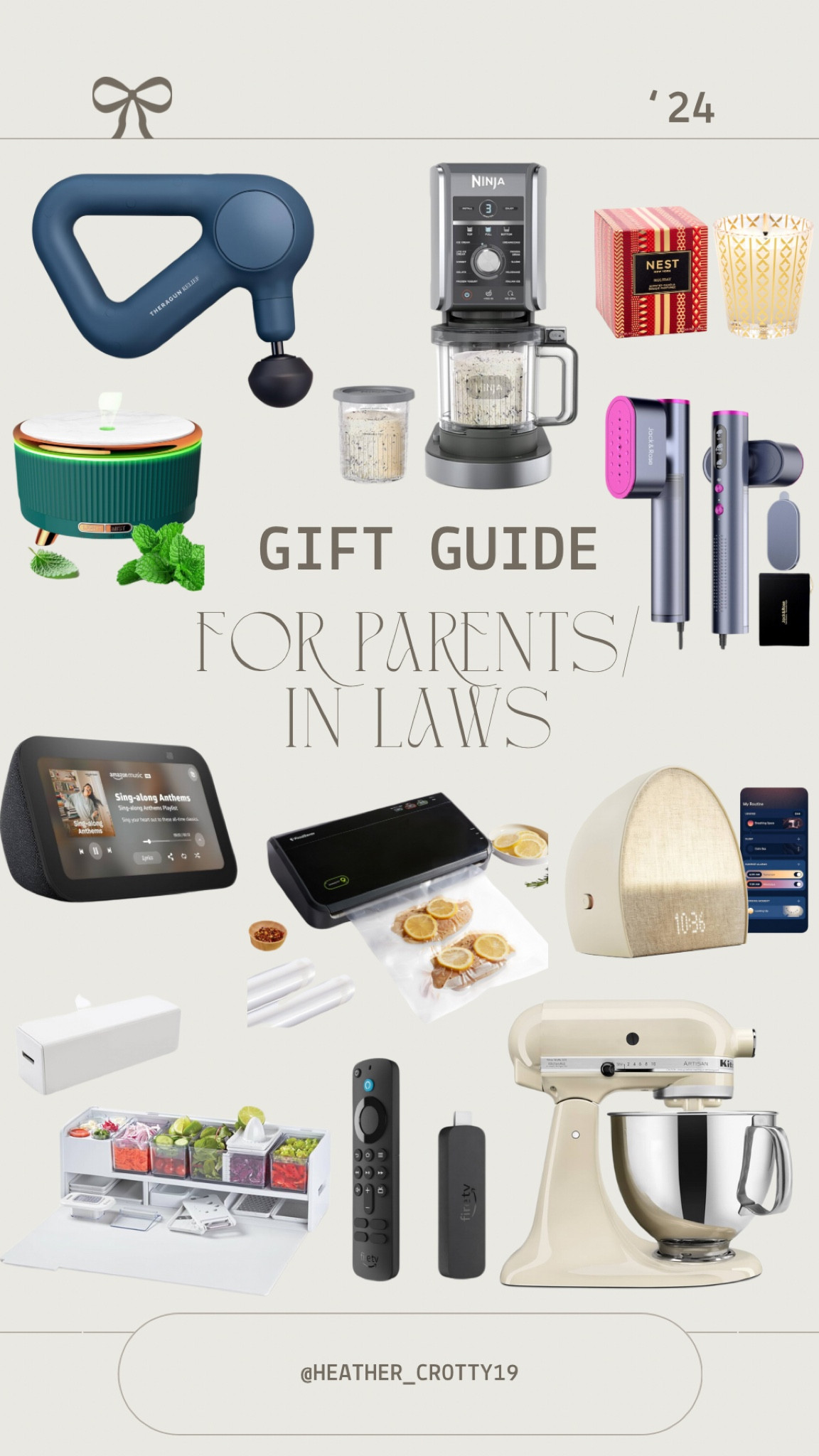 Gift guide for parents and in-laws 🎁 essential oil diffuser, ninja creami, vacuum seal food saver, KitchenAid mixer, nest candle, hatch alarm clock, travel steamer, Amazon fire tv stick, Amazon echo, prepdeck food storage station, Theragun massage gun 

#LTKHoliday #LTKCyberWeek #LTKGiftGuide