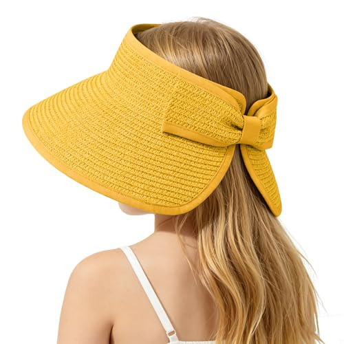 Girls Straw Sun Visor Hat, Wide Brim Ponytail Beach Hat with Bow, Foldable Packable Roll-Up for Kids Summer Travel Orange Yellow | Amazon (US)
