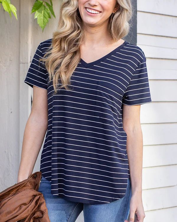 Perfect Pocket Navy/Ivory Striped Tee | Grace and Lace