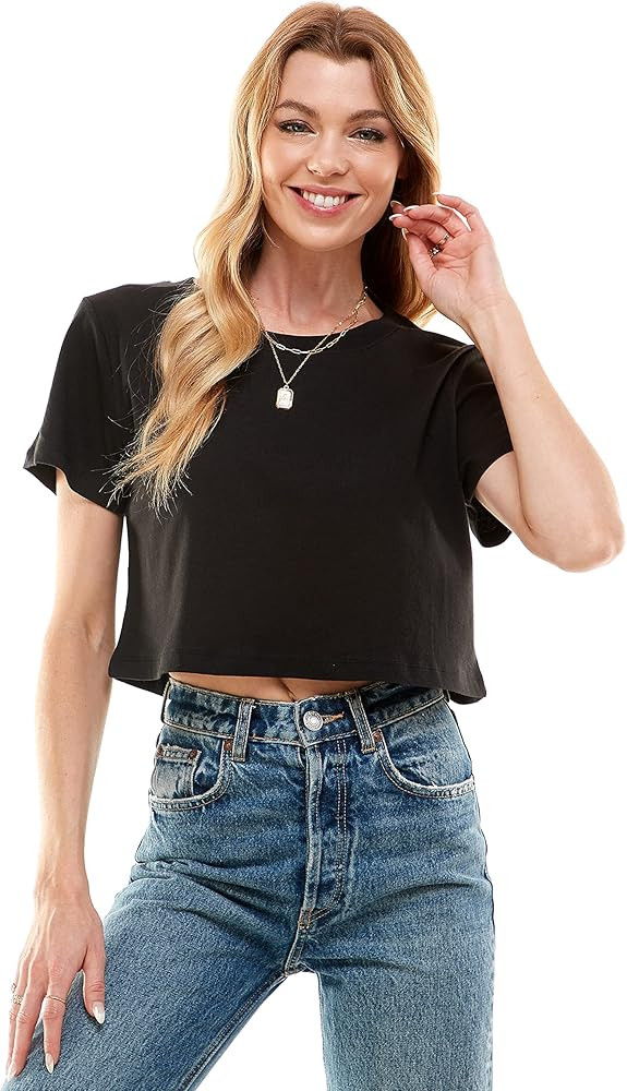 Women's Boxy Crop Top Round Neck Short Sleeve Casual 100% Cotton Cropped Tee T-Shirt | Amazon (US)