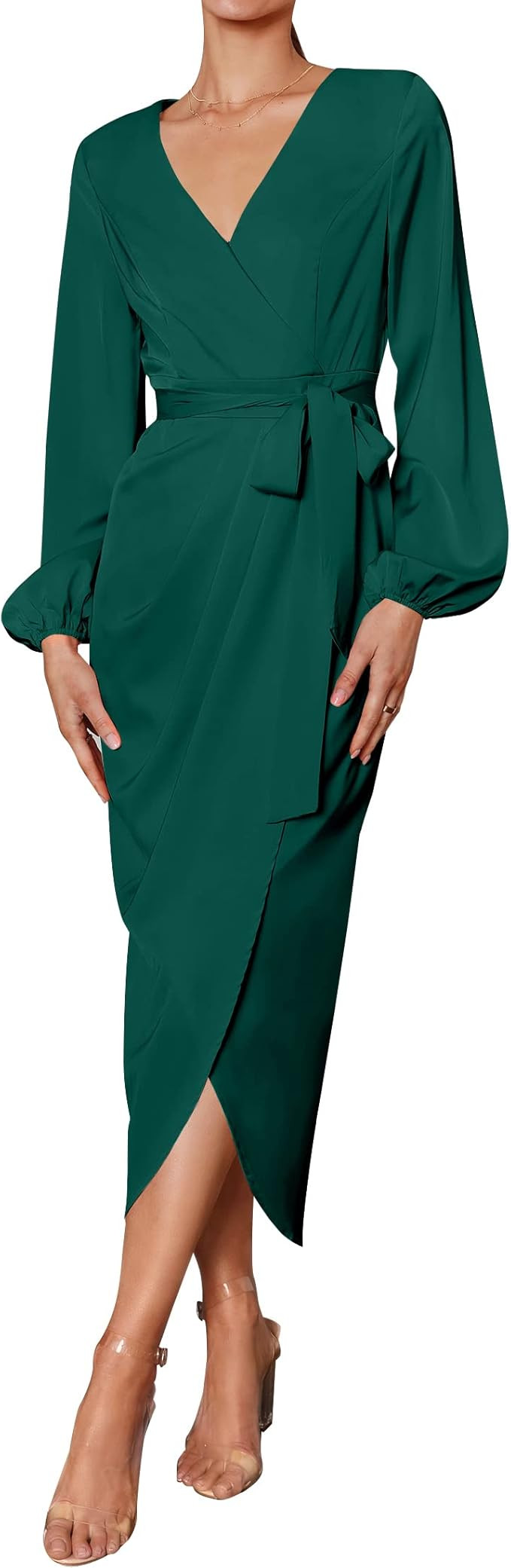 ZESICA Women's Satin V Neck Bodycon Dress Long Sleeve Ruched Tie Waist Wrap Split Cocktail Party ... | Amazon (US)