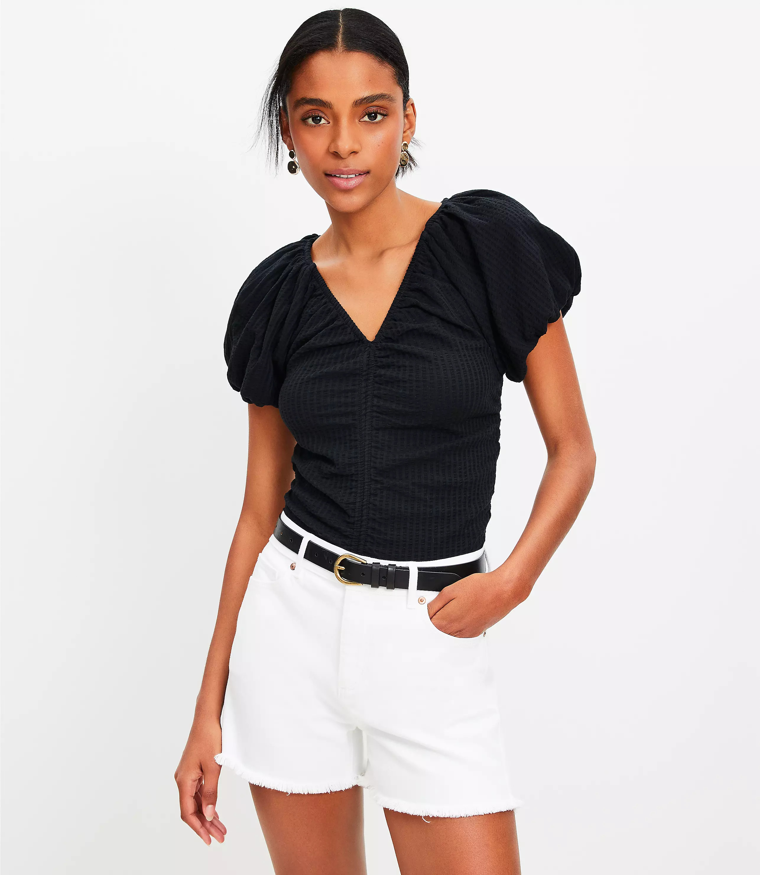 Petite Seersucker Cinched Bubble Sleeve Top | LOFT