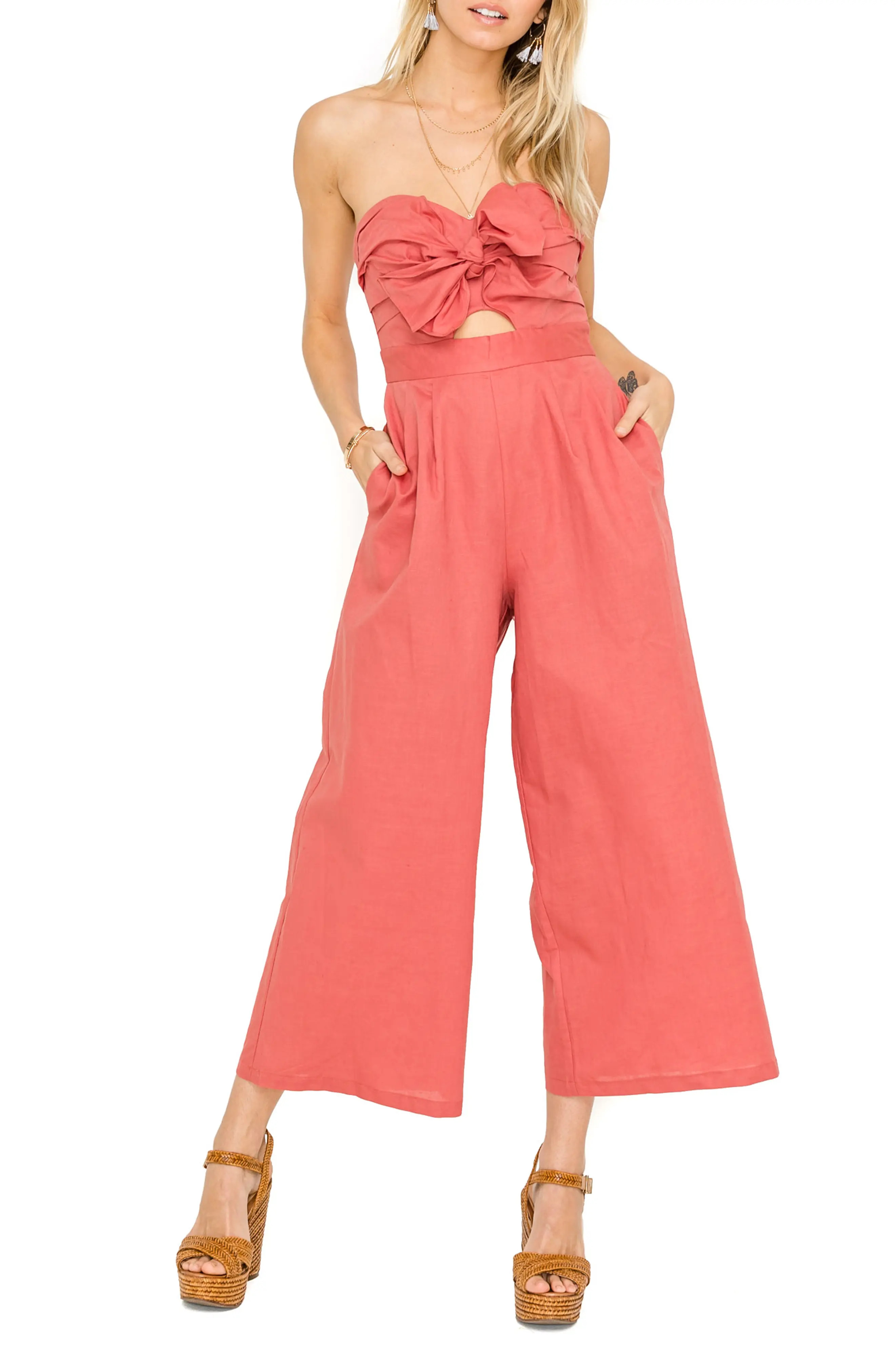 Women's Astr The Label Mara Strapless Cotton & Linen Jumpsuit, Size X-Small - Pink | Nordstrom