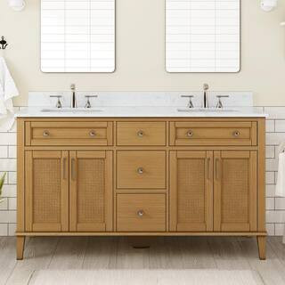 Moresly 60 in. Double Sink Natural Oak Bath Vanity with White Engineered Stone Top (Assembled) | The Home Depot