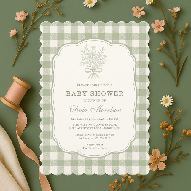Sage Green Gingham Baby Shower Invitation | Zazzle | Zazzle