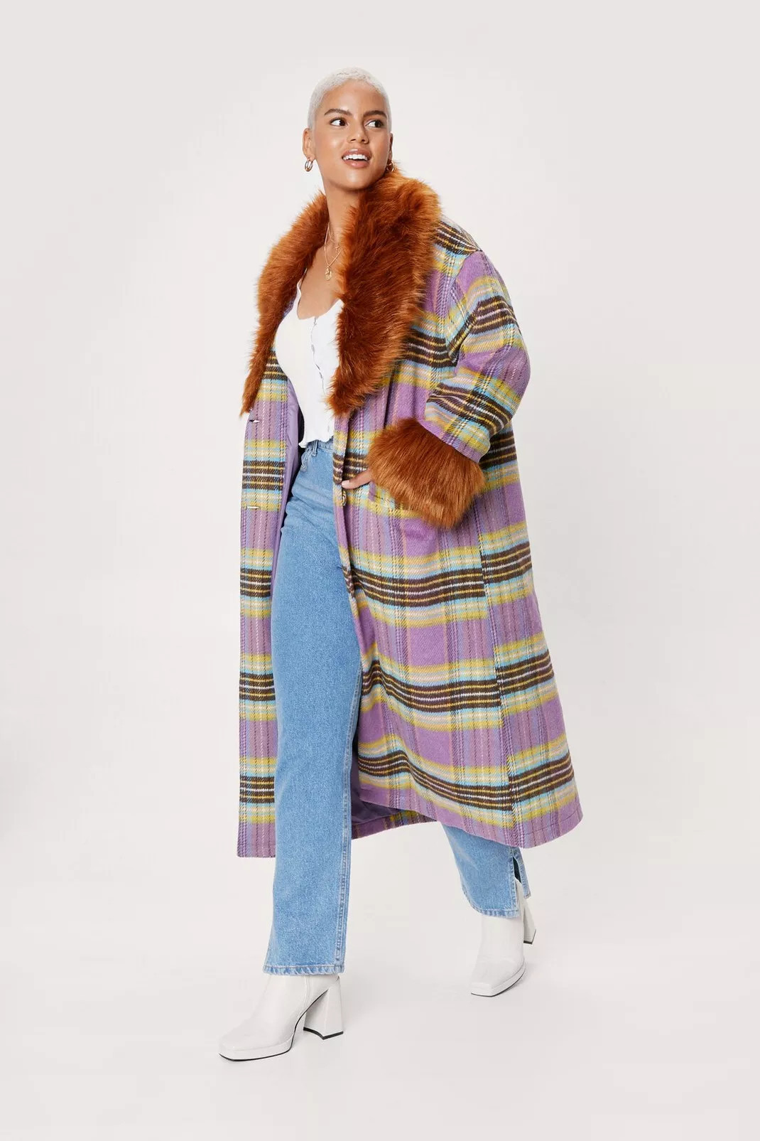 Plus Size Fur Trim Check Coat | Nasty Gal (US)