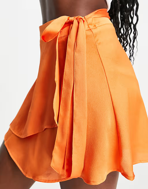 Stradivarius satin wrap mini skirt in orange | ASOS (Global)