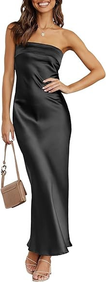 Caracilia Womens Satin Tube Sexy Backless Cut Out Formal Wedding Guest Evening Party Maxi Dresses | Amazon (US)